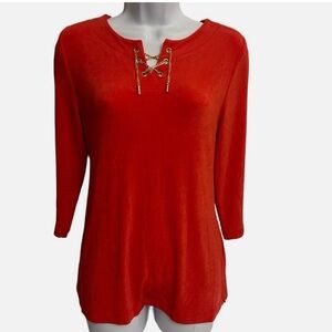 CHICO'S Travelers Tunic Top 3 L Stretch Red NonWrinkle EUC Gold Chain V Neck